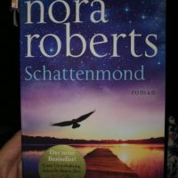 blaues Buch, Schattenmond von Nora Roberts, Steg an einem See mit fliegendem Vogel davor