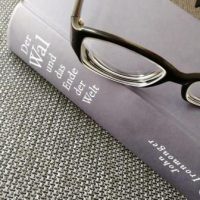 blaues Buch mit Lesebrille auf einer Couch. Titel des Buches "Der Wal und das Ende der Welt" von John Ironmonger
