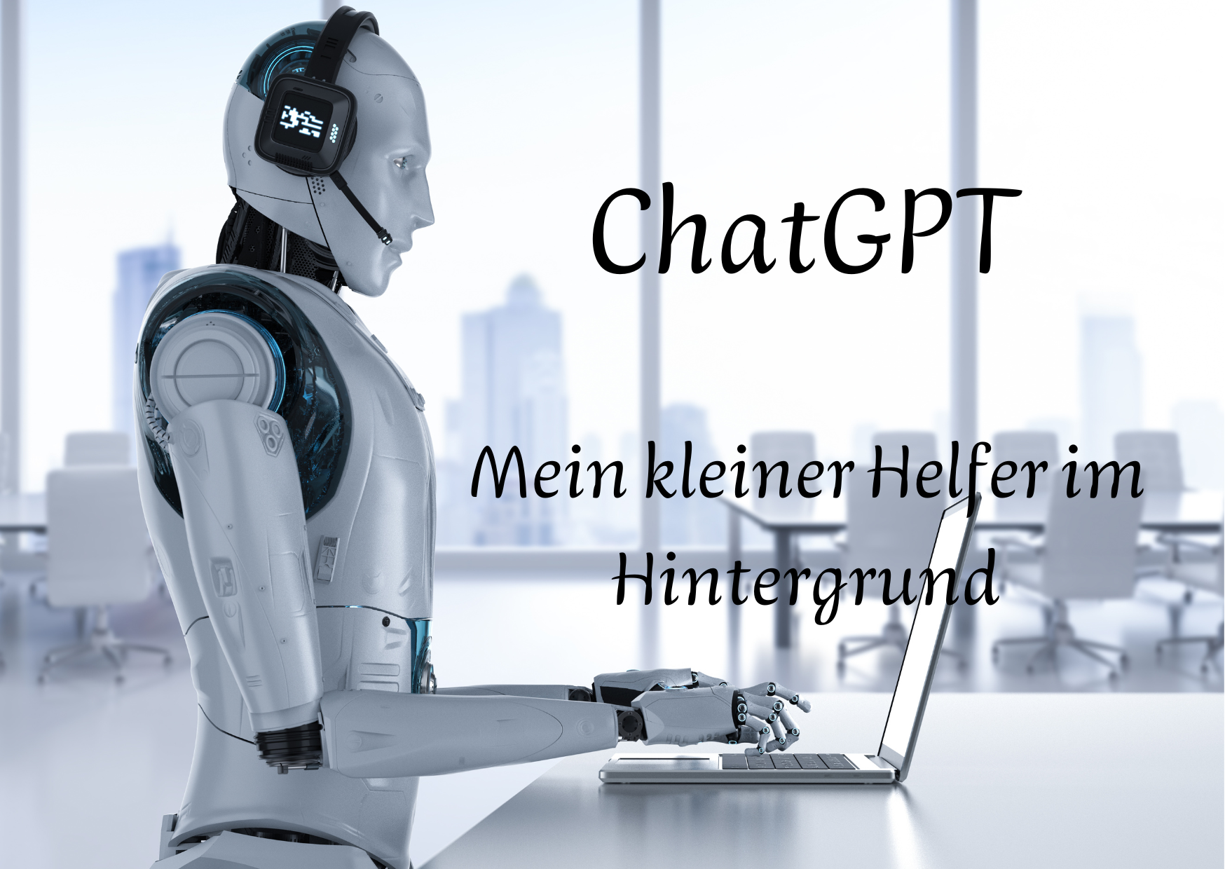 Ein Foto zum Thema KI. Ein Roboter sitzt an einem Laptop und schreibt.