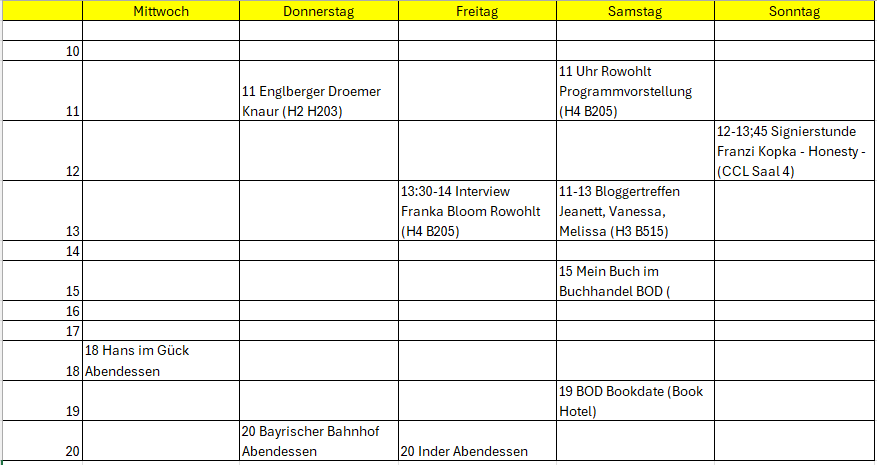 Teil einer Excel-Tabelle mit dem Plan für die Messewoche