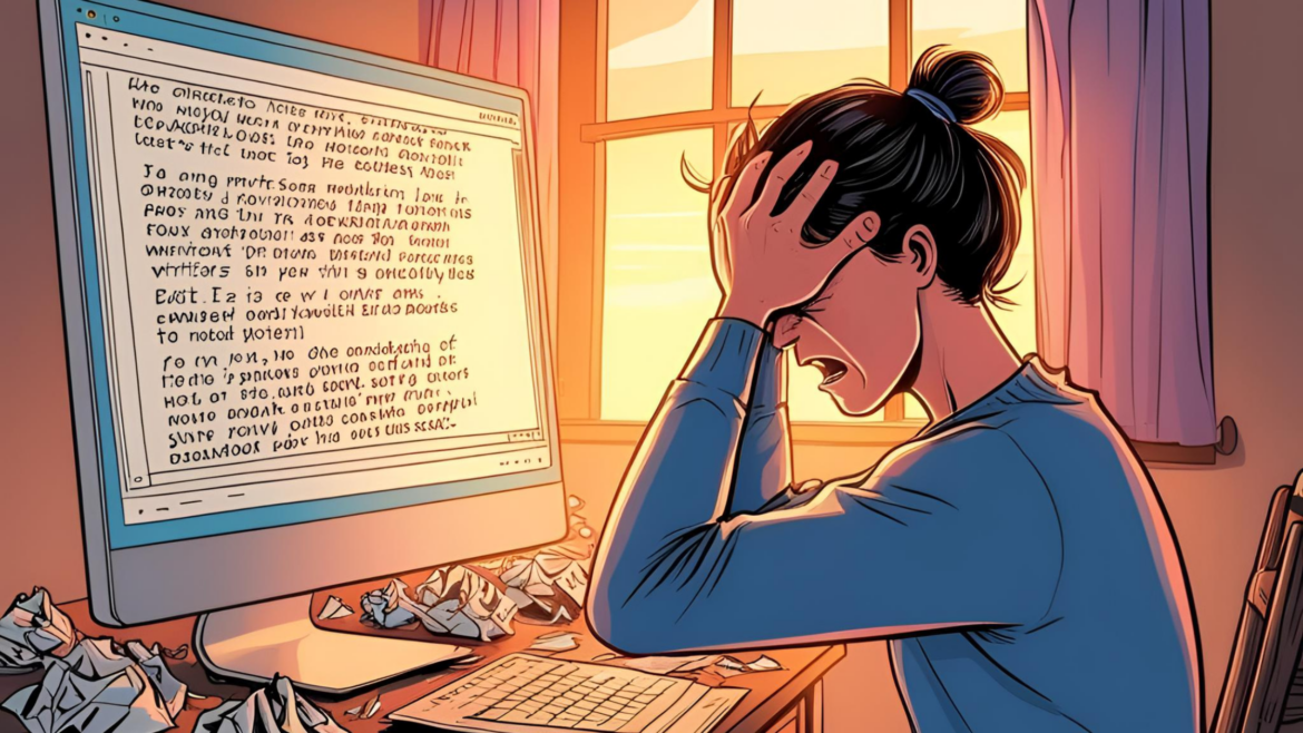 Bild zu einem Blogbeitrag zum Thema "Lesekompetenz". Eine Frau sitzt frustriert an einem Schreibtisch. Vor sich einen langen Text.