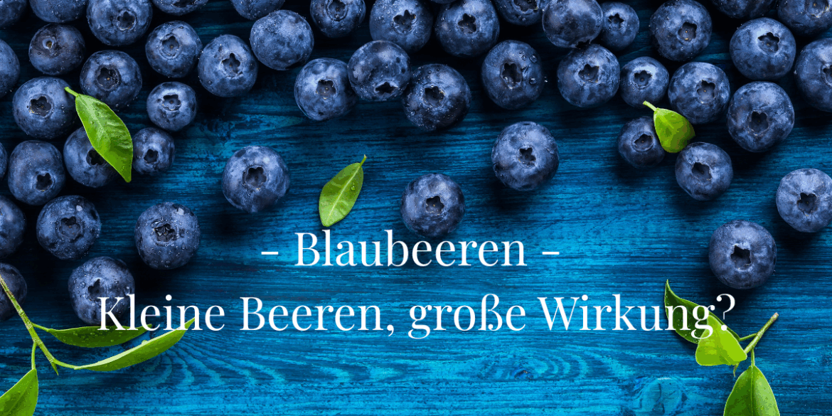 Blogbild für einen Beitrag über die Heilwirkung von Blaubeeren. Blaubeeren im Hintergrund auf blauem Untergrund