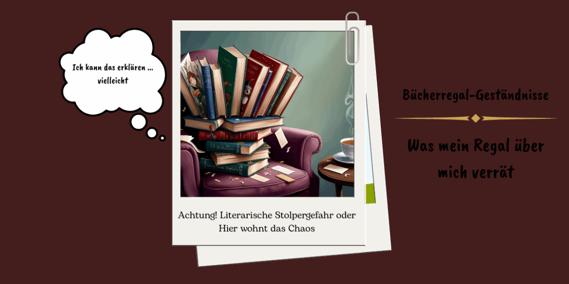 Bücherregalgeständnisse Beitragsbild zu "Bücherregal-Geständnisse - was mein Regal über mich verrät. Ein unordentlicher Stapel Bücher auf einem Sessel