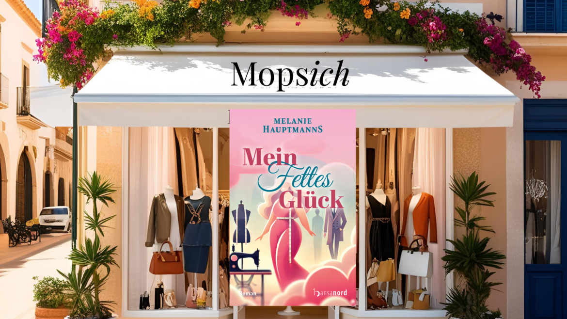Mopsich Ein Ladengeschäft für Bekleidung und das Cover zum Buch "Mein fettes Glück"
