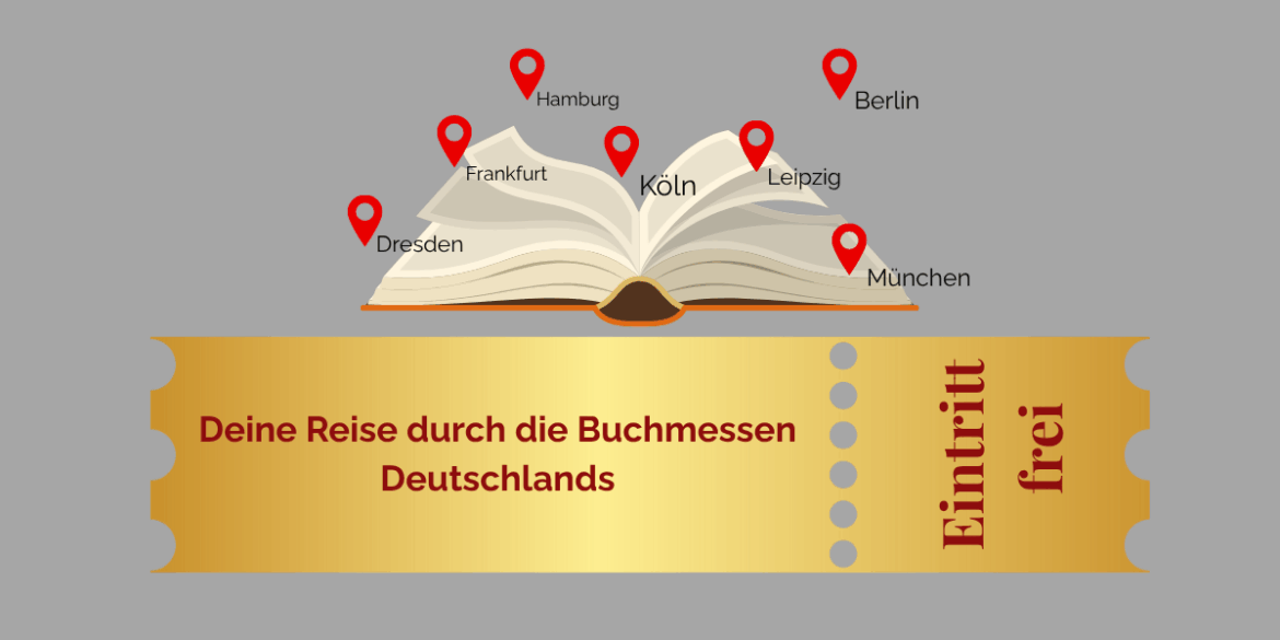 Ein Buch mit Pins und Städtenamen auf grauem Hintergrund. Darunter ein Ticket mit dem Titel des Beitrages "Deine Reise durch die Buchmessen Deutschlands" darauf.