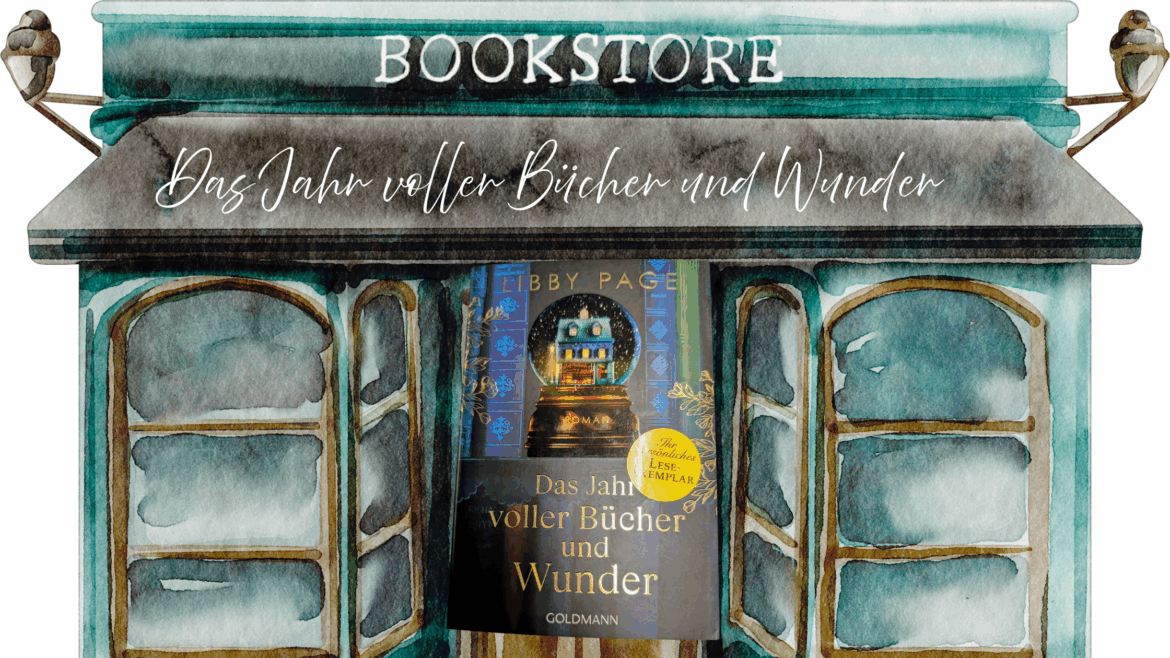 Das Jahr voller Bücher und Wunder Im Hintergrund ist ein Buchladen zu sehen und davor das Cover vom Buch "Das Jahr der Bücher und Wünsche"