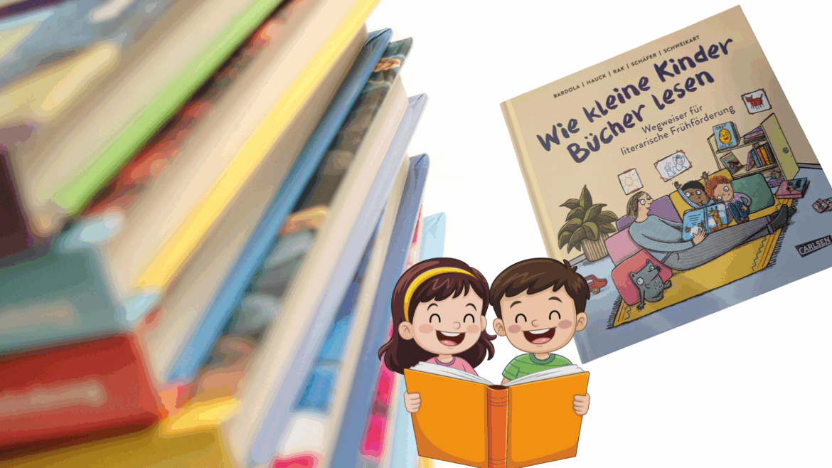 Wie kleine Kinder Bücher lesen Im Hintergrund ist ein Stapel Bücher und im Vordergrund das Cover vom Buch "Wie kleine Kinder Bücher lesen" und ein Bild von zwei Kindern mit einem Buch
