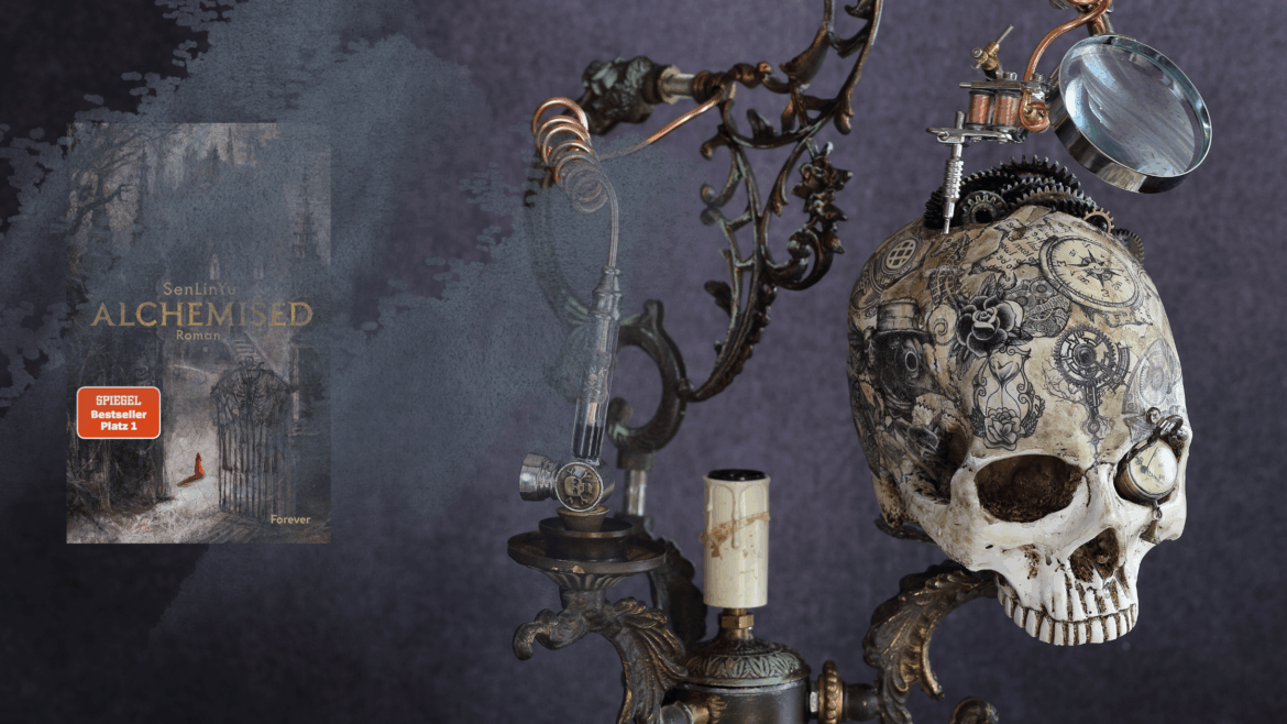Blogbild zur Rezension von Alchemised. Dunkler Hintergrund mit dem Buchcover und einem Totenschädel von Nebelschwaden bedeckt
